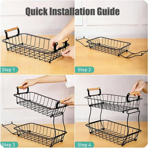 Metal Wire Two Tier Home and Kitchen Storage & Organisation Rack, Stackable Snack Table Organiser Rack, Detachable Bathroom Organiser Basket, Black
