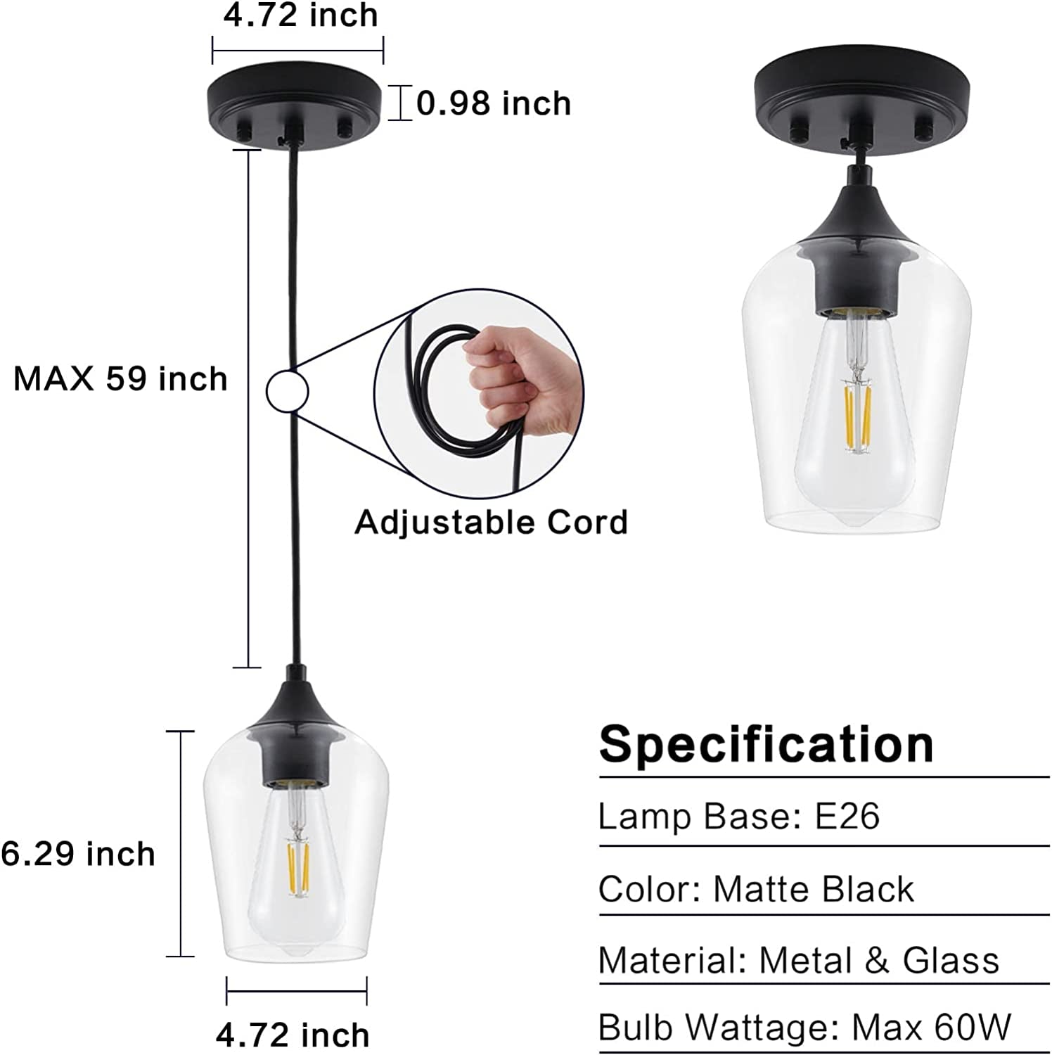 Black Pendant Lights, Mini Glass Cylinder Pendant Light Fixture, Adjustable Clear Glass Shade Hanging Ceiling Lamp, Industrial Pendant Lighting for Kitchen Island, Dining Room, Hallway, 2 Pack