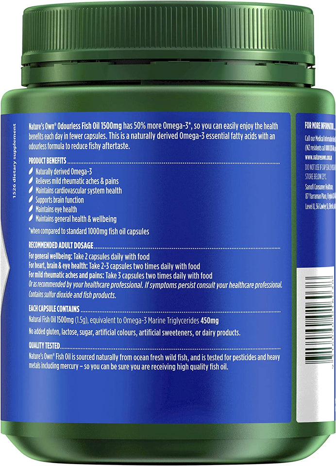 Odourless Fish Oil 1500Mg - Naturally-Derived Omega-3 - Maintains General Health and Wellbeing, Relieves Mild Rheumatic Aches and Pains, 400 Capsules
