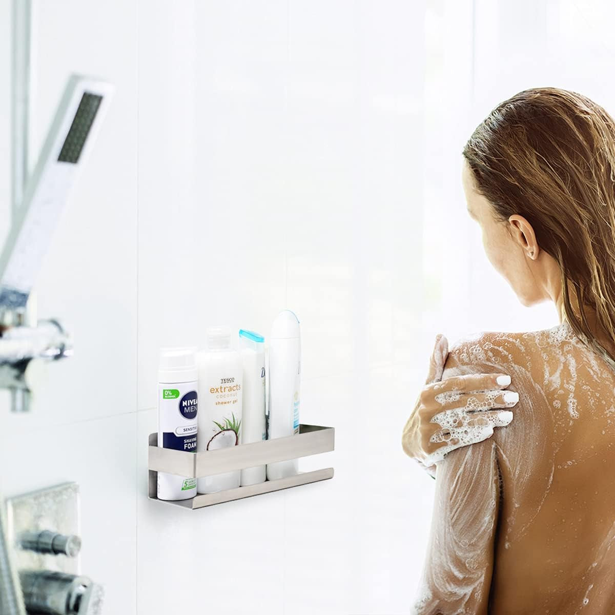 Joejis Shower Shelf Caddy Basket - Strong 3M Self Adhesive No Drill Wall Mounted Shelf - Stainless Steel - Shampoo Shower Gel Storage Organiser