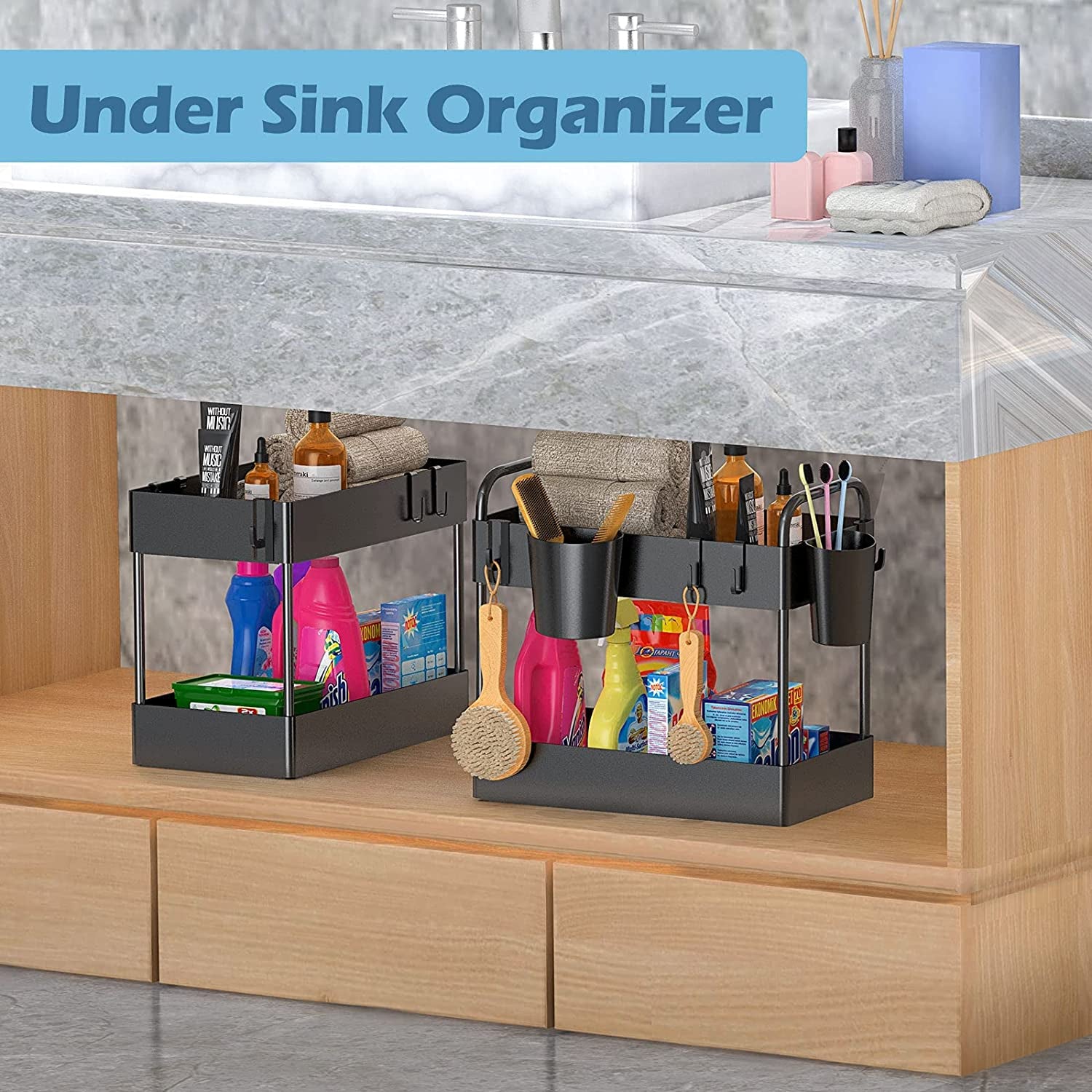 under Sink Organizer, 2 Tier Kitchen under Sink Storage Rack Bathroom Countertop Shelf Organiser with 4 Hooks 2 Hanging Cups and Anti-Foot for Bathroom Kitchen Spice Makeup Vanity Narrow Space