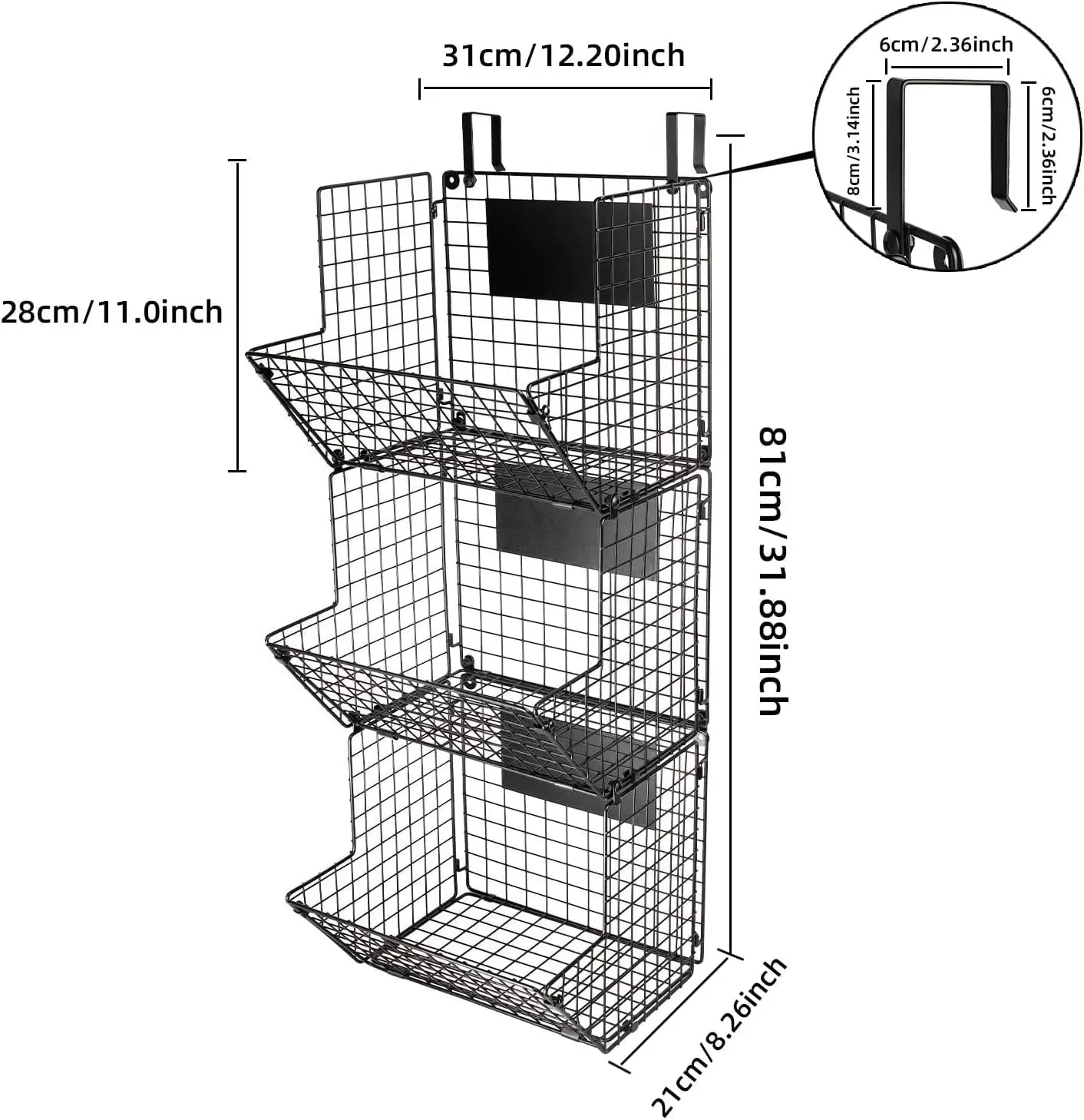 Fruit Vegetable Storage Basket for Kitchen, 3 Tier Stackable Wall Mount & Countertop & Hanging Metal Wire Baskets Organiser with Hooks, Kitchen Produce Tiered Counter Organizer Bin Rack(Black)