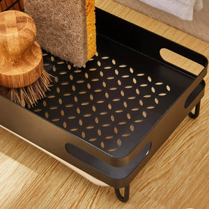Sink Caddy Sponge 4 in 1 Holder Brush Soap Dishcloth Holder with Drain Pan, Waterproof Freestanding and Wall-Mounted Sponge Holder Kitchen Sink Organiser with Rustproof in Black