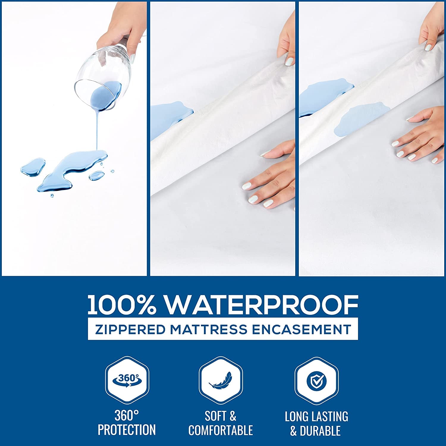 Zippered Mattress Encasement Full - 100% Waterproof and Bed Bug Proof Mattress Protector - Absorbent, Six-Sided Mattress Cover