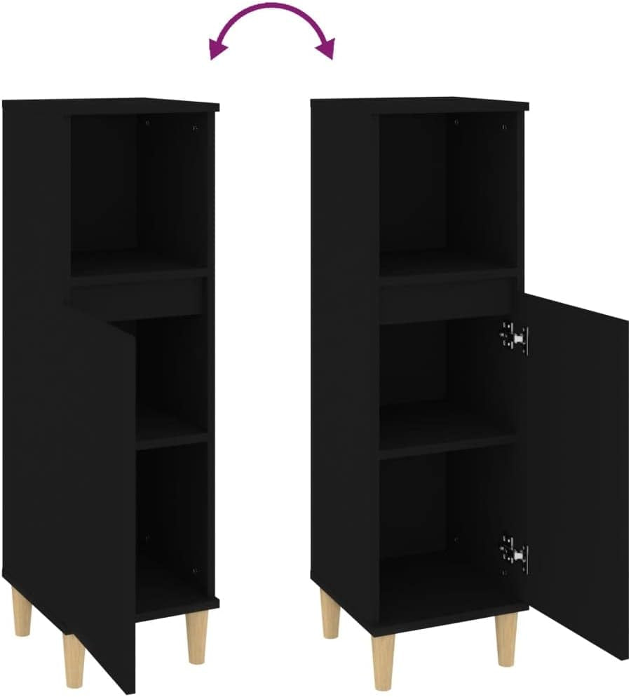 Bathroom Cabinet, Freestanding Storage Cabinet with Wood Legs, Toilet Cupboard with Shelves, Scandinavian, Black Engineered Wood