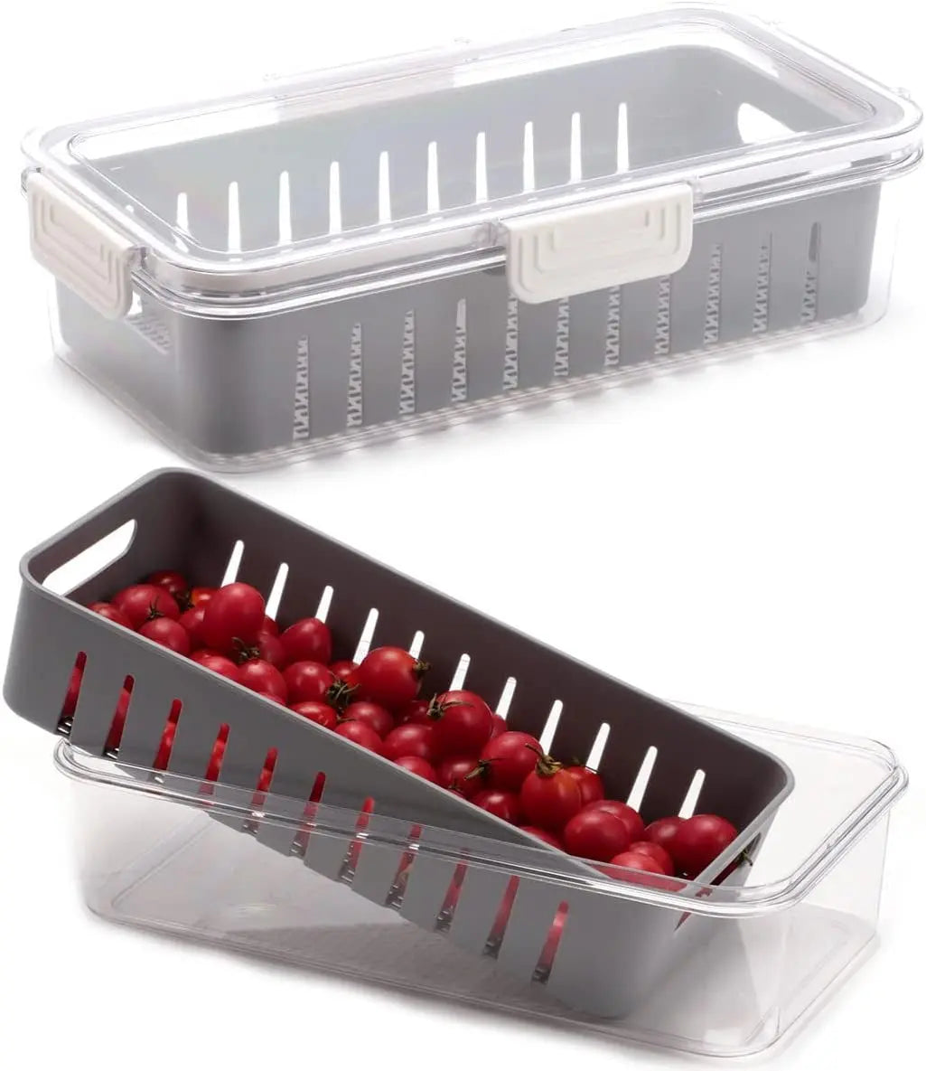 Set of 2 Kitchen Storage Box Stackable Container Organisation Bin with Snap Lid Removable Basket, Vegetable and Fruit Storage Container for Fridge Refrigerator
