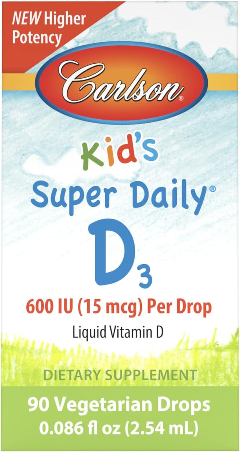 - Kid'S Super Daily D3, Kids Vitamin D Drops, 600 IU (50 Mcg) per Drop, Heart & Immune Health, Vegetarian, Liquid Vitamin D Drops, Unflavored, 365 Drops