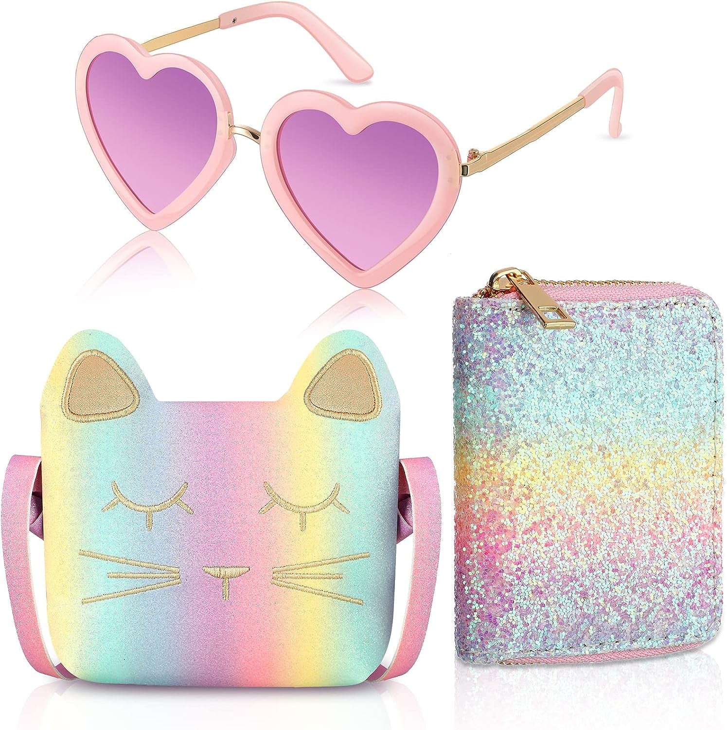 3 Pieces Toddler Pink Cute Cat Purse Heart Shaped Sunglasses with UV 400 Protection Crossbody Bag Glitter Small Wallet for Little Girl Birthday Party Gift, as Pictures