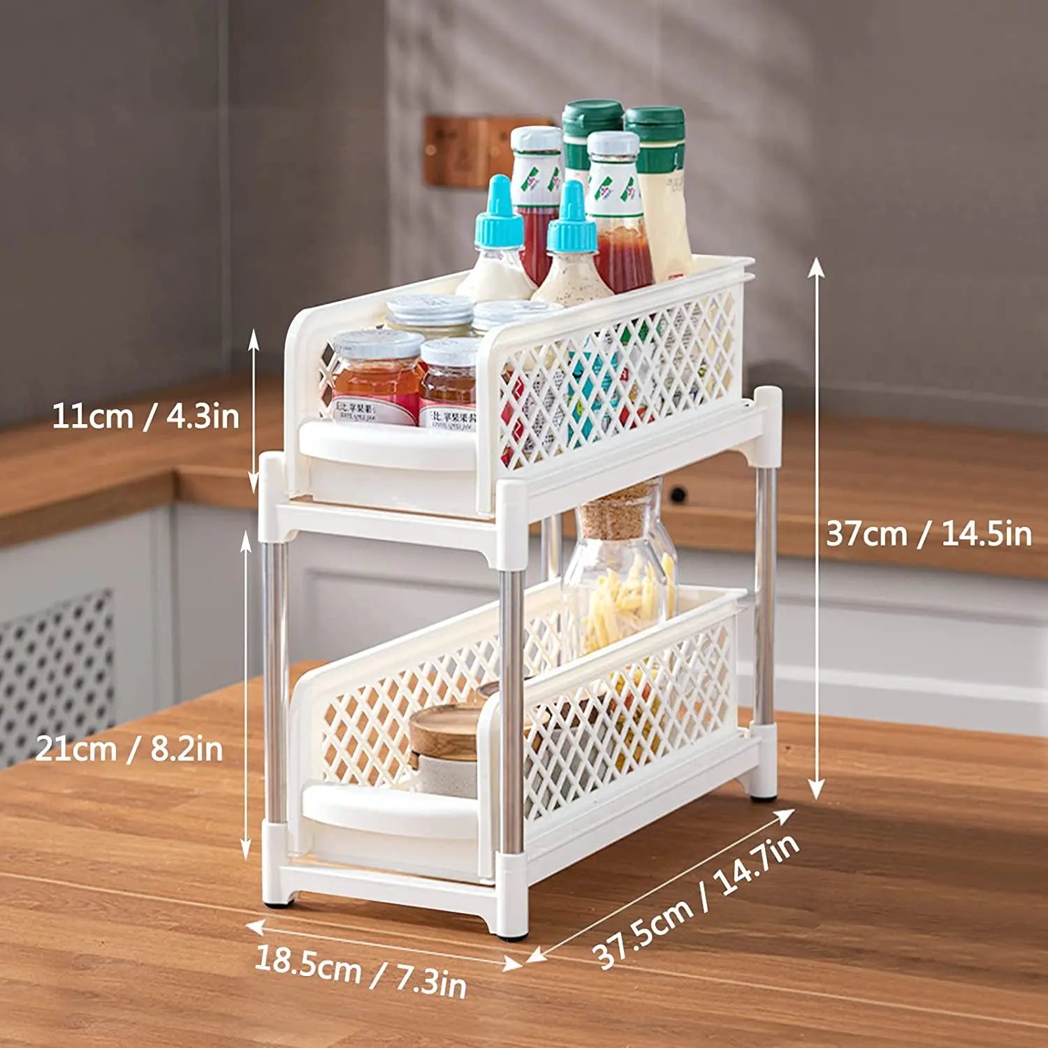 2 Tier Spice Rack Organizer with Sliding Drawer Organizer, under Sink Organizers and Storage Rack Pull Out Cabinet Basket Organizer for Bathroom Kitchen Bedroom, Beige