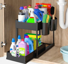 Load image into Gallery viewer, under Sink Organiser and Storage, 2 Tier Pull Out Sliding Cabinet Basket Organizer Rack with Hooks, Hanging Cup, Multi-Purpose Spice Rack Storage Shelf for Bathroom Kitchen Countertop
