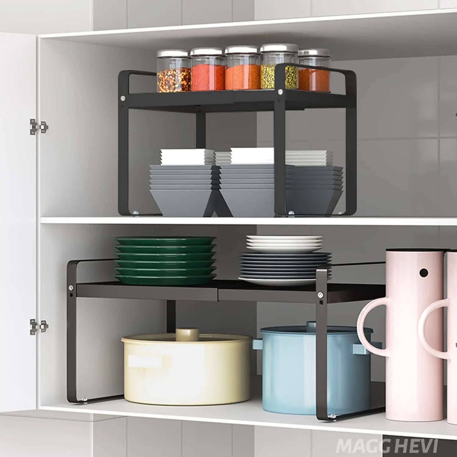 MAGGHEVI Expandable Cabinet Shelf Organizer Storage Rack，Cupboard Stand Spice Rack，Pantry Shelves Space Riser for Kitchen Bathroom，Metal Plate Heavy Duty Nonslip (Black)