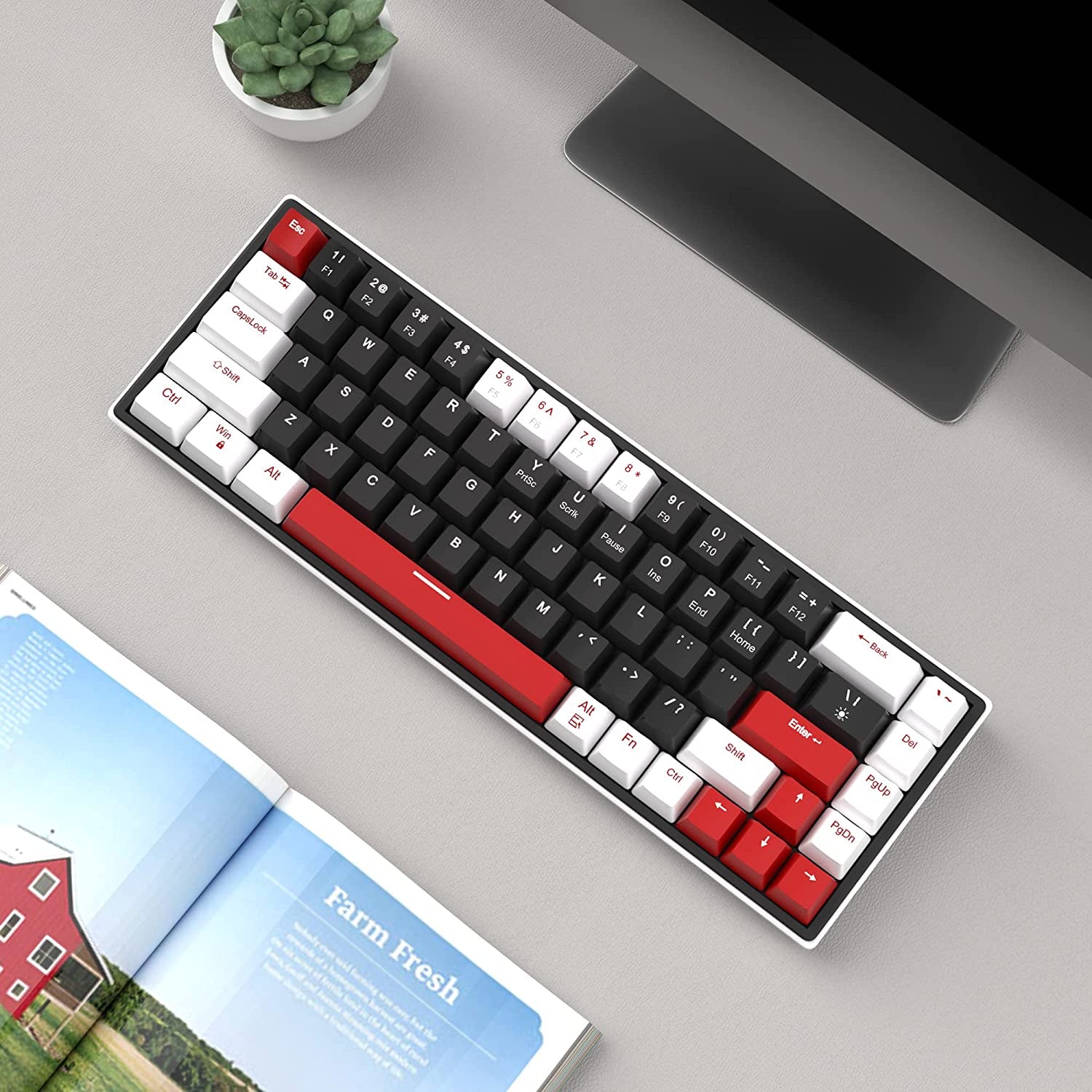 60% Mechanical Gaming Keyboard, 68 Keys Hot-Swappable Compact Blue LED Backlit Gaming Keyboard,  SKY68 Wired Ergonomic Mini Office Keyboard for Windows PC Gamer (Red Switch, White & Black)