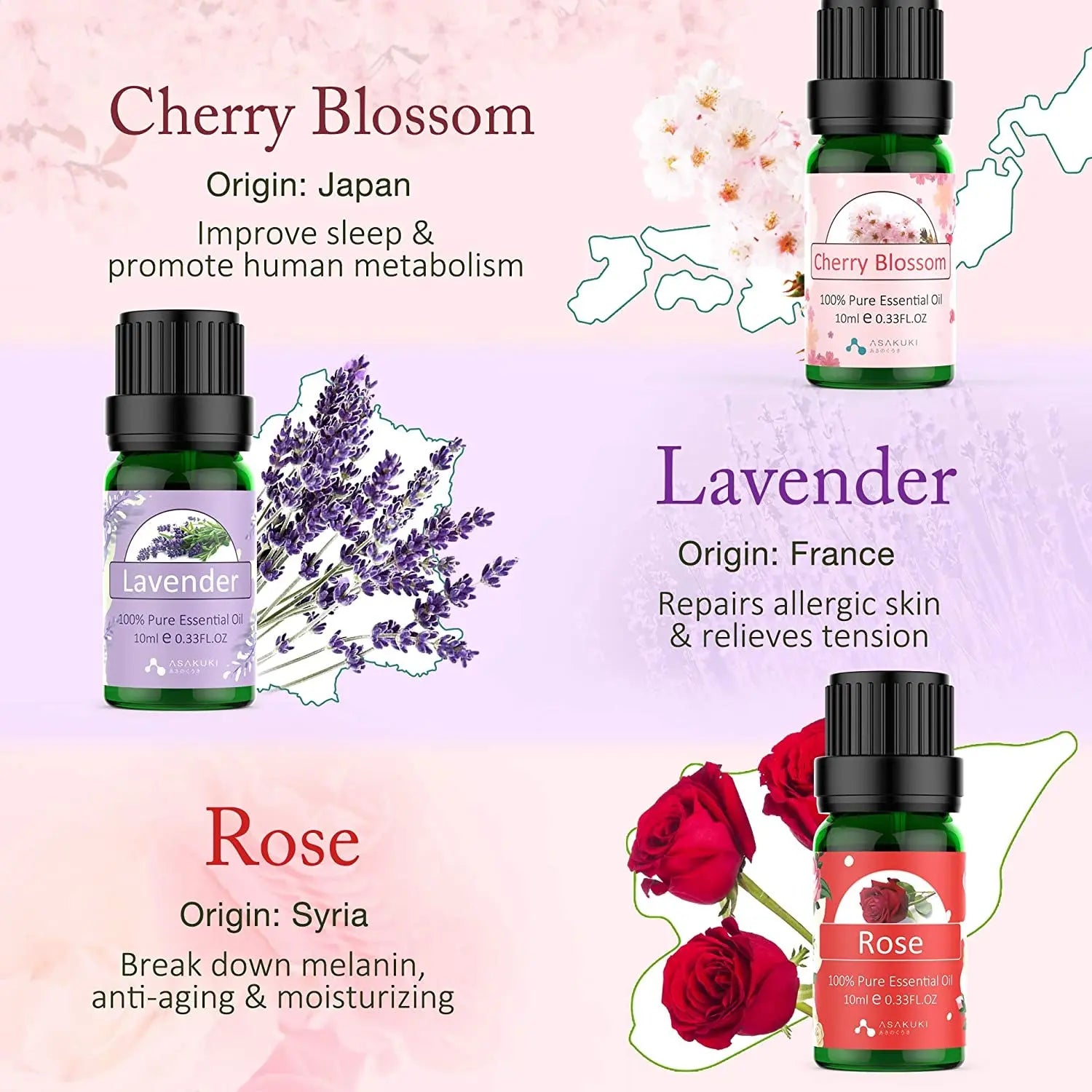 Floral Essential Oil Set, Top 6 Natural 100% Pure Aromatherapy Oils for Oil Diffusers, Jasmine, Ylang Ylang, Gardenia, Rose, Cherry Blossom, Lavender for Home and Office, Promote Focus, Positivity and Happiness