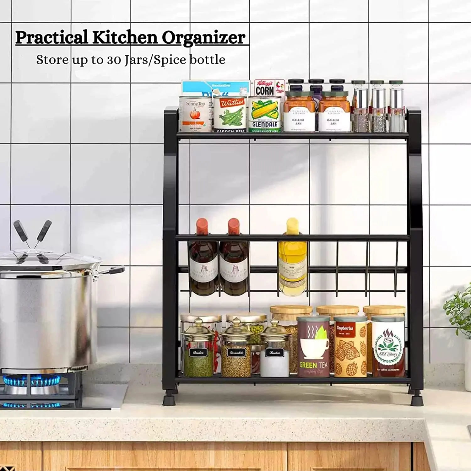 Countertop Shelf Organizer- Kitchen Storage and Organisation Rack for Spice Jar, Condiments, Olive Oil, Wine Bottle | Living, Study, Bathroom and Pantry Cabinet. (3 Tier)