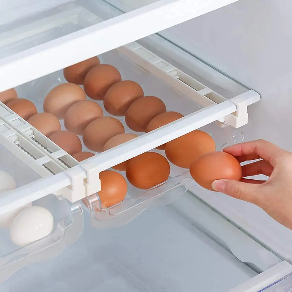 Egg Holder for Refrigerator Drawer,  Egg Tray Storage for Refrigerator, Hangable Egg Dispenser, Plastic Egg Containers Box, save Space, for Fridge Organiser Kitchen Organisation (Capacity 21 Eggs)