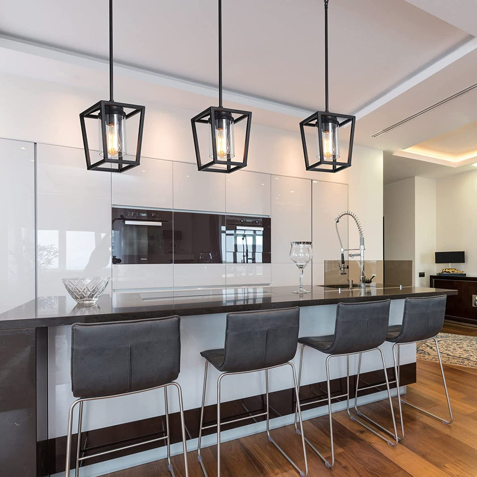 Pendant Lighting for Kitchen Island, 1-Light Black Pendant Lights with Glass Shade, Cage Hanging Light Fixtures, Farmhouse Pendant Light for Dining Room, Entryway, Hallway, Foyer
