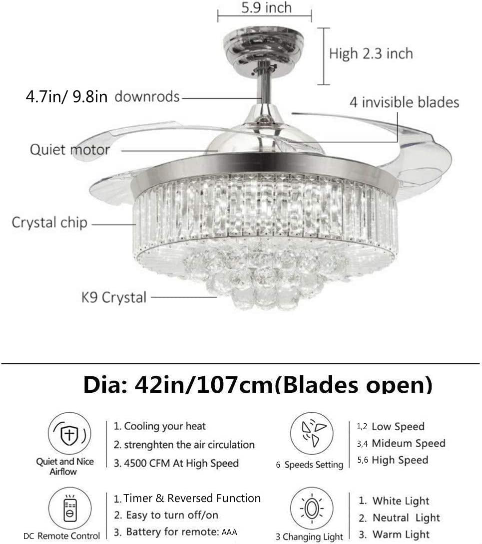 Reversible Retractable Ceiling Fans with LED Light and Remote, 42 Inch Invisible Ceiling Fan Chandelier with 4 Clear ABS Blades, Bedroom Fandelier Indoor Crystal Ceiling Light Kits with Fans (Chrome)
