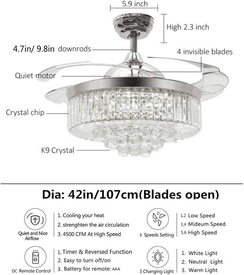 Reversible Retractable Ceiling Fans with LED Light and Remote, 42 Inch Invisible Ceiling Fan Chandelier with 4 Clear ABS Blades, Bedroom Fandelier Indoor Crystal Ceiling Light Kits with Fans (Chrome)
