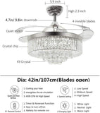 Reversible Retractable Ceiling Fans with LED Light and Remote, 42 Inch Invisible Ceiling Fan Chandelier with 4 Clear ABS Blades, Bedroom Fandelier Indoor Crystal Ceiling Light Kits with Fans (Chrome)