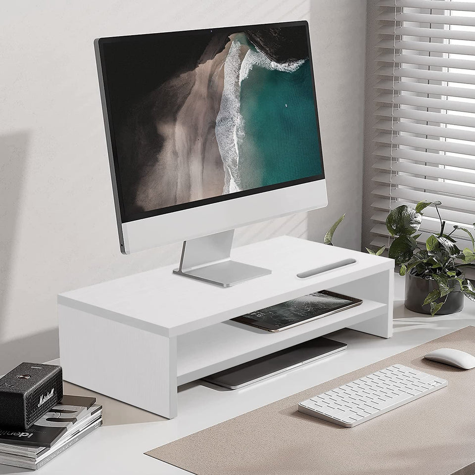 Monitor Stand,2-Tier Wood Computer Stand Riser,Monitor Stand Riser with Cellphone Holder,Desktop Stand Laptop Desk Riser,Ergonomic Desk Shelf Stand Organizer for Monitor/Printer/Laptops(White)