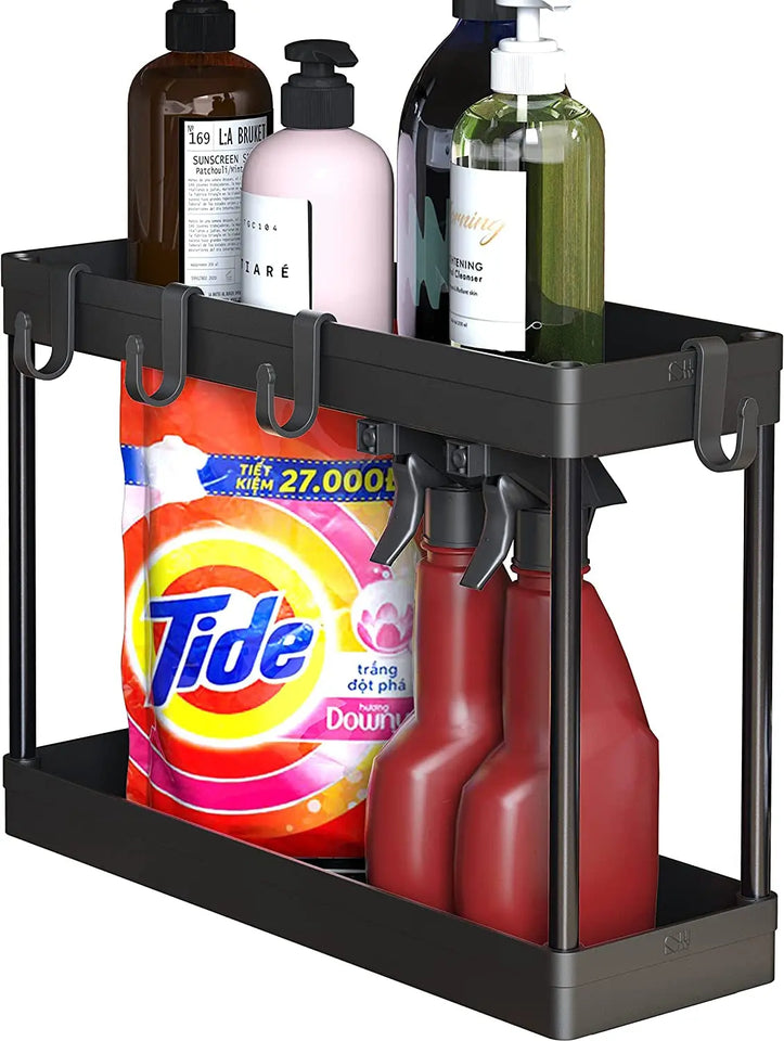 Simplehouseware 2-Tier under Sink Organizer Storage Tray with Hooks, Black