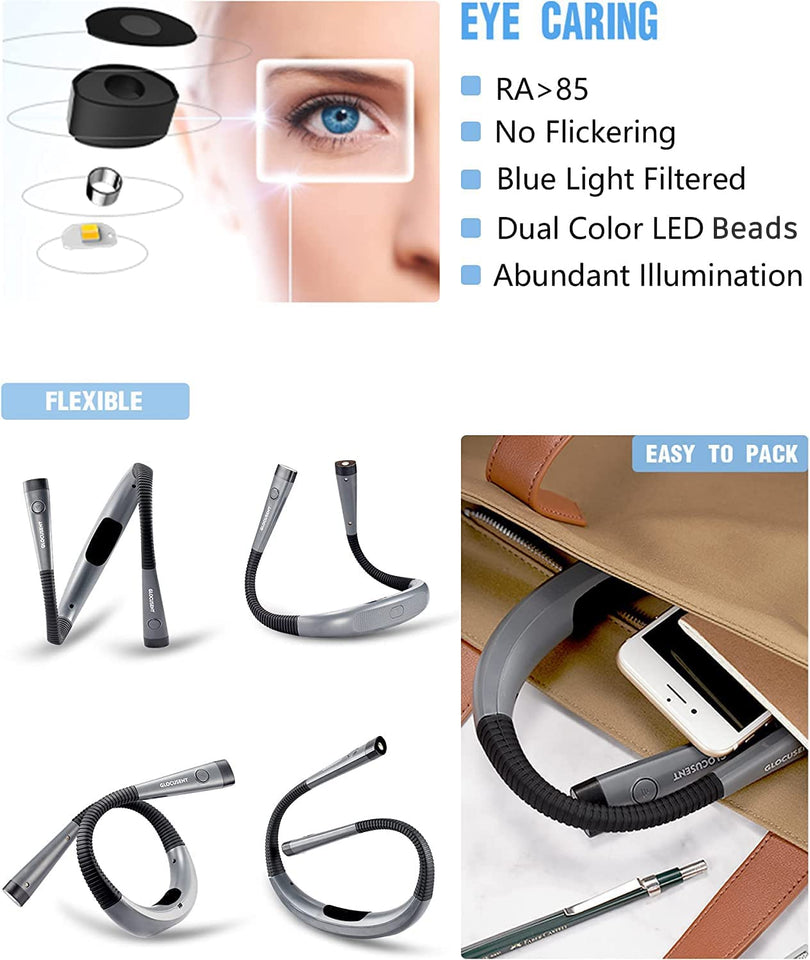 LED Neck Reading Light, Book Light for Reading in Bed, 3 Colors, 6 Brightness Levels, Bendable Arms, Rechargeable, Long Lasting, Perfect for Reading, Knitting, Camping, Repairing