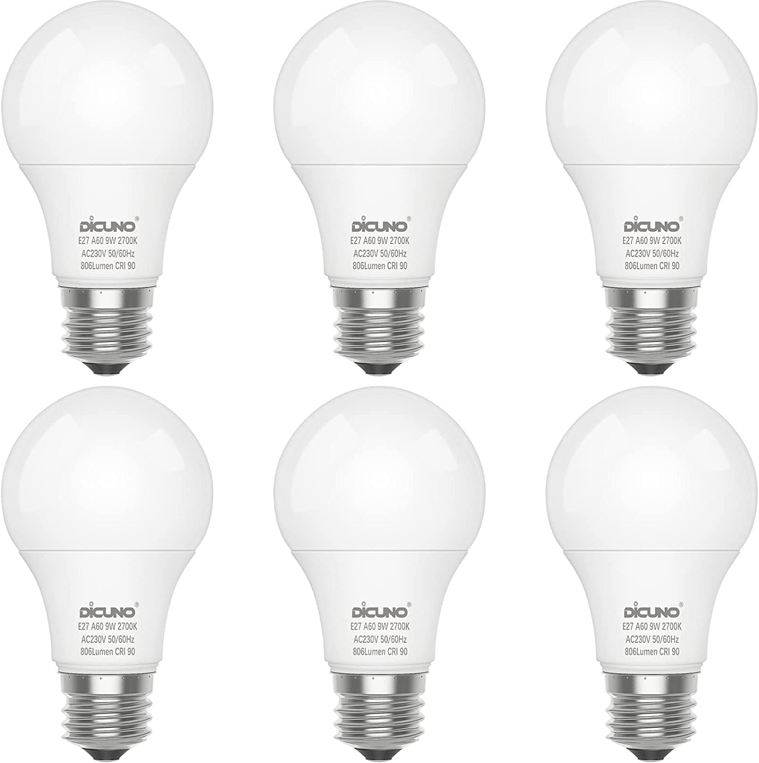 E27 Bulb, LED Light Bulb, 9W Equivalent to 60W Incandescent, Warm White White 2700K, 806LM, CRI 90, A60 Edison Screw, Non-Dimmable, Energy Saving E27 Bulbs for Lamp, Pack of 6