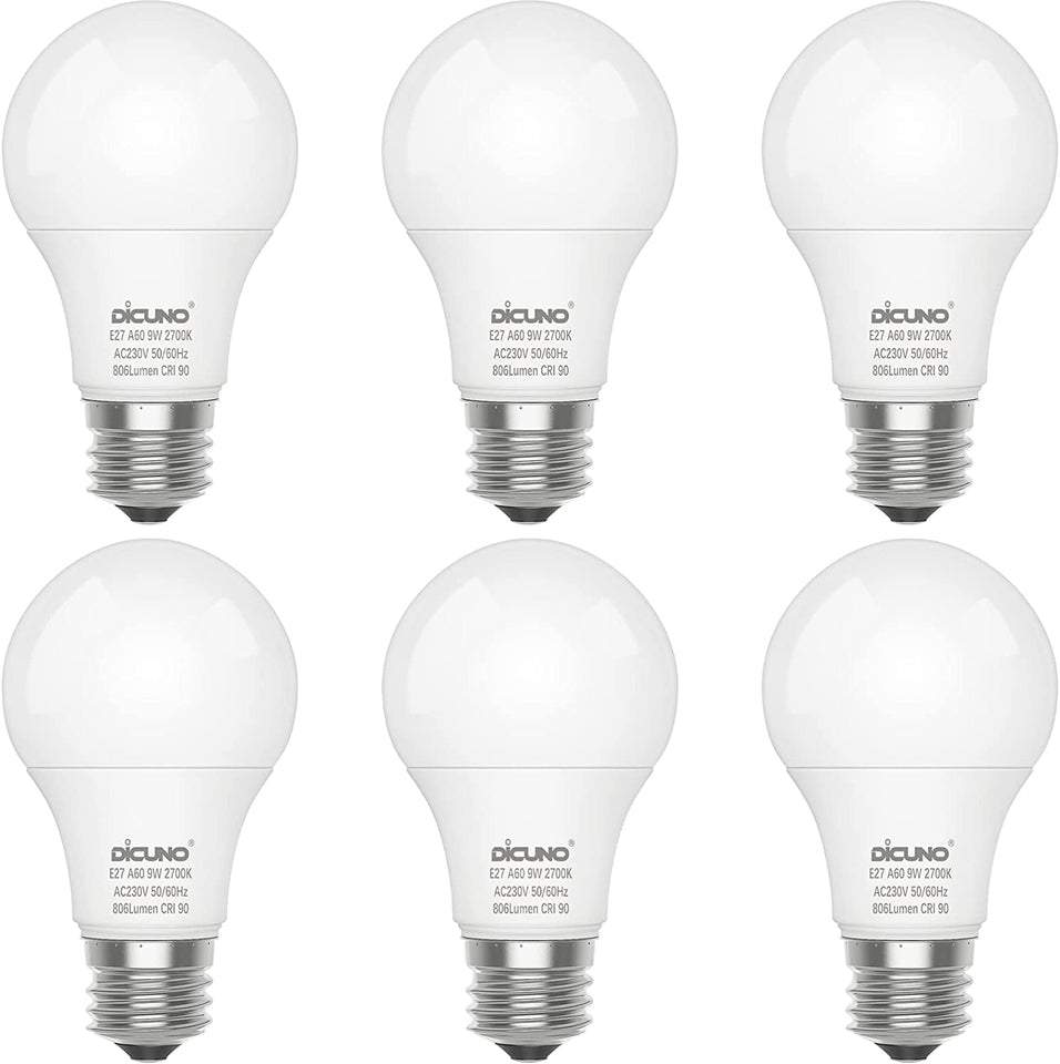 E27 Bulb, LED Light Bulb, 9W Equivalent to 60W Incandescent, Warm White White 2700K, 806LM, CRI 90, A60 Edison Screw, Non-Dimmable, Energy Saving E27 Bulbs for Lamp, Pack of 6