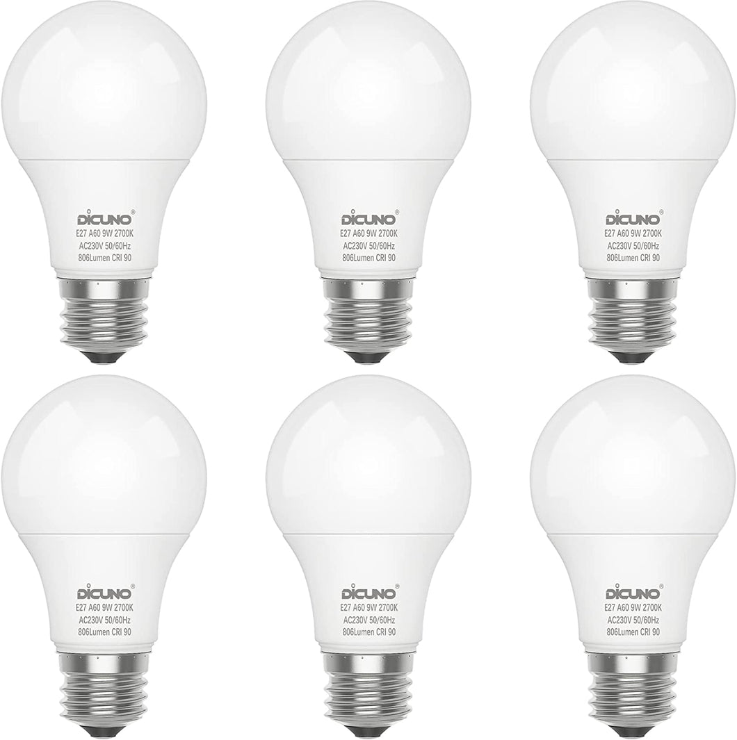 E27 Bulb, LED Light Bulb, 9W Equivalent to 60W Incandescent, Warm White White 2700K, 806LM, CRI 90, A60 Edison Screw, Non-Dimmable, Energy Saving E27 Bulbs for Lamp, Pack of 6
