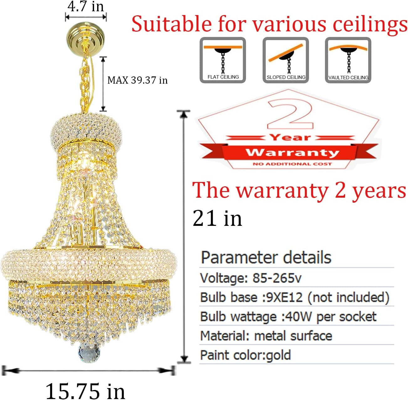 Crystal Chandeliers Chandeliers for Dining Room （15.7Inx21In） Gold Chandelier Can Be Used in Dining Room, Living Room, Bedroom, Entrance, Staircase, Kitchen Island