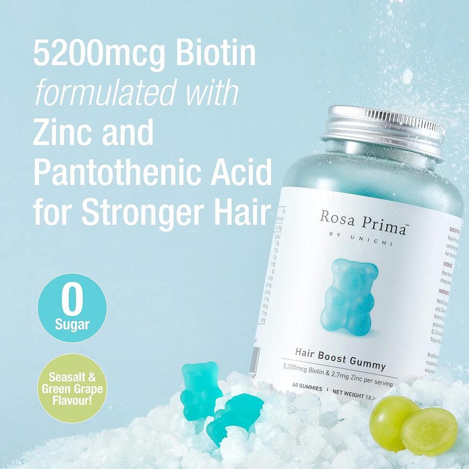 Hair Boost Gummy, 5200Mcg Biotin Formulated with Zinc, Pantothenic Acid and Vitamin A, C, E for Stronger and Thicker Hair, Sea Salt & Green Grape Flavour, 60 Count