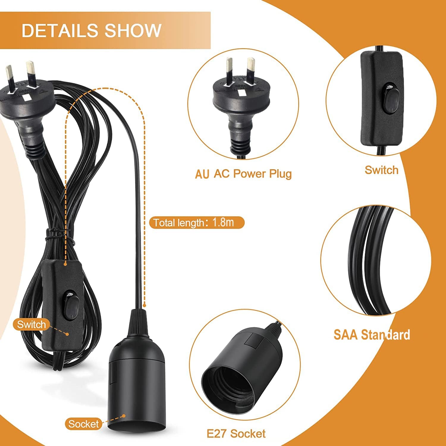 E27 Cable Cord with Switch, 1.8M Extension Hanging Lantern Cord Cable, E27 Lamp Base Bulb Holder Socket On/Off Switch & AU AC Power Plug Pendant Lighting, for Kitchen Bedroom Plant Growth Light (Black)