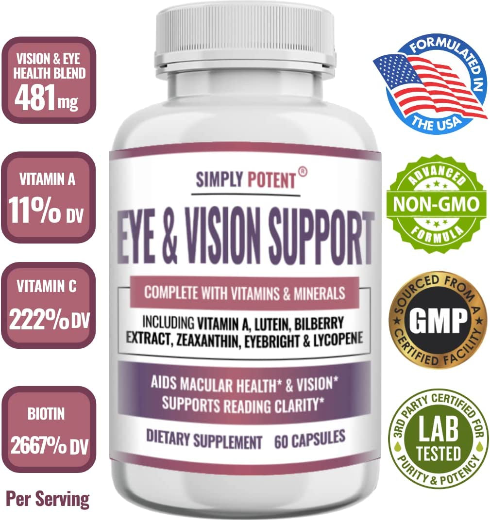 Eye and Vision Support for Adults, Lutein & Zeaxanthin Eye Health Supplements, Natural Eye Formula with Vitamin A, Zeaxanthin, Bilberry Extract for Eyebright & Lycopene Lens & Macular Support, 60 Ct
