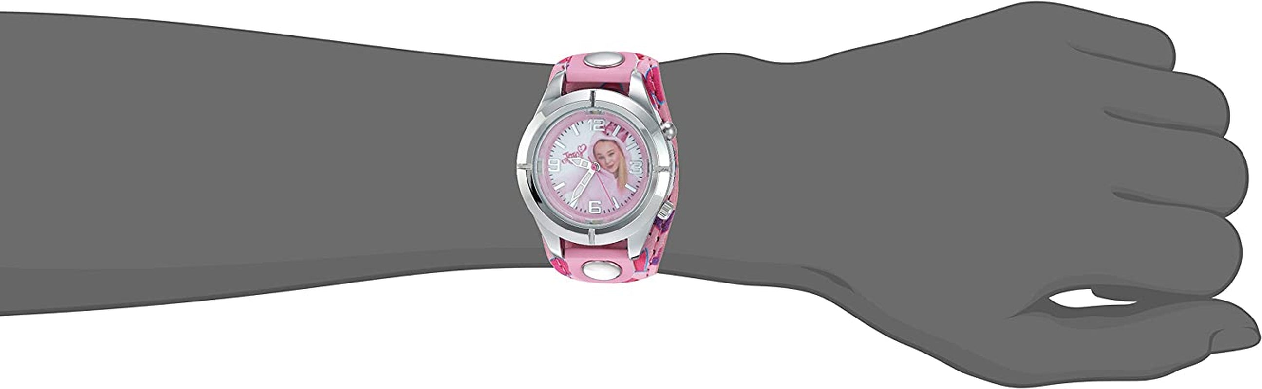 Jojo Siwa Kids' Analog Watch with Silver-Tone Case, Pink Leather Strap, Easy to Buckle - Kids' Watch with Jojo Siwa on the Dial, Safe for Children - Model: JOJ5003, PINK, Analog Watch