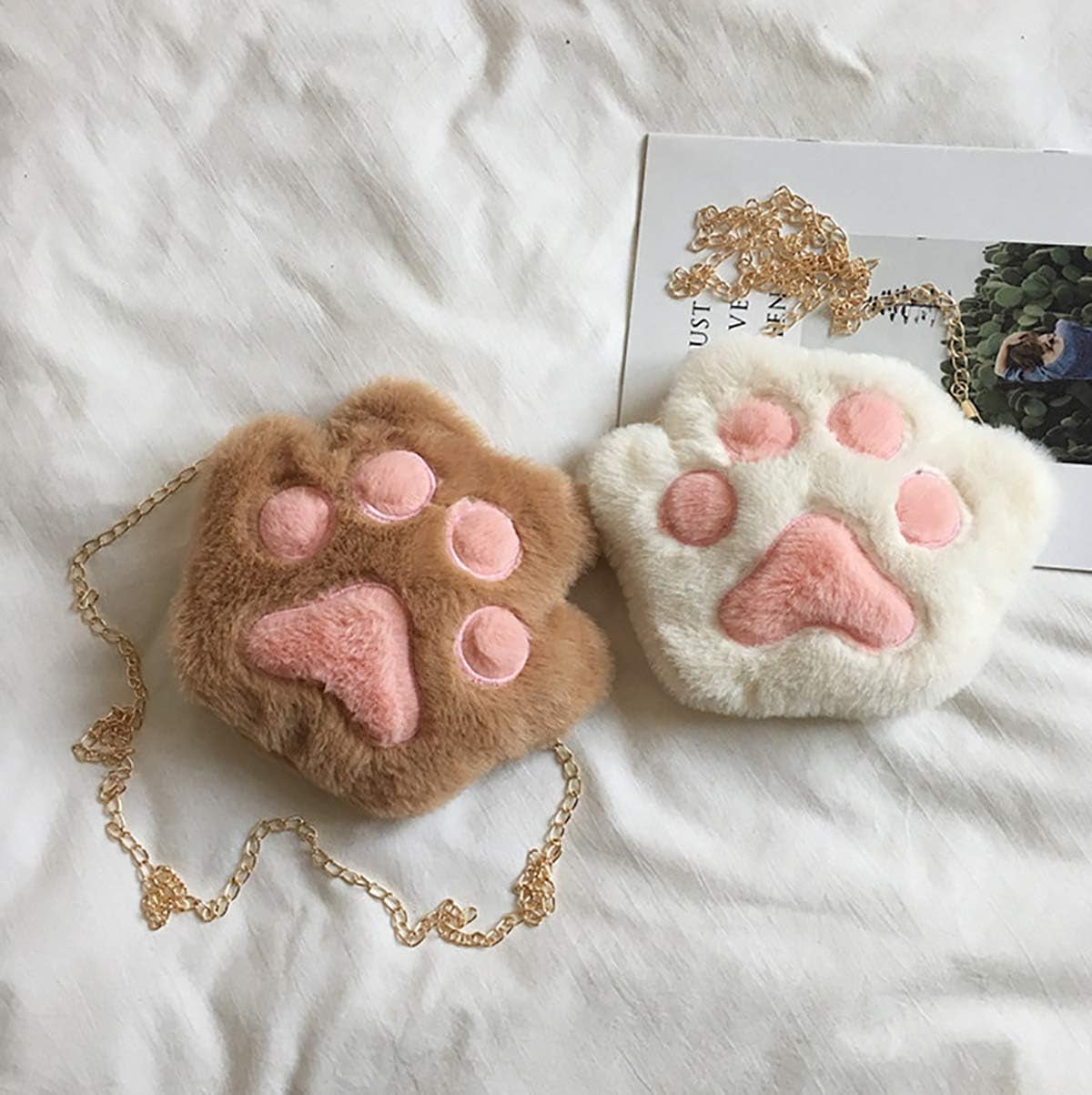 Cute Cat Paw Shape Shoulder Bag Purse Fluffy Plush Crossbody Handbag Clutch with Chain Strap for Women Girls
