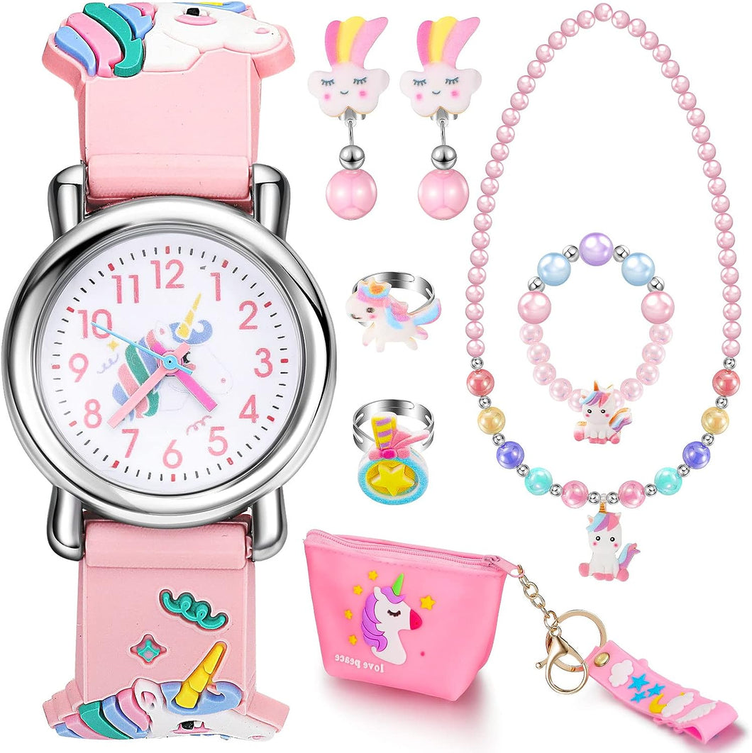 Set of 3 Little Girls Unicorn Gifts Include Unicorn Wrist Watch, Kids Jewellery Sets (Necklace Bracelet Rings Earrings), Girls Handbag Return Gifts for Birthday Party Christmas