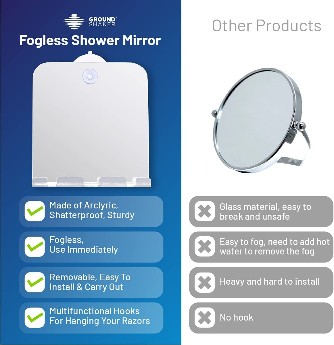 ® Shower Mirror Fogless for Shaving – Premium Shower Shaving Mirror with Suction Cups – Shatterproof No Fog Shower Mirror for Shaving – Easy Installation – Lightweight and Travel-Friendly