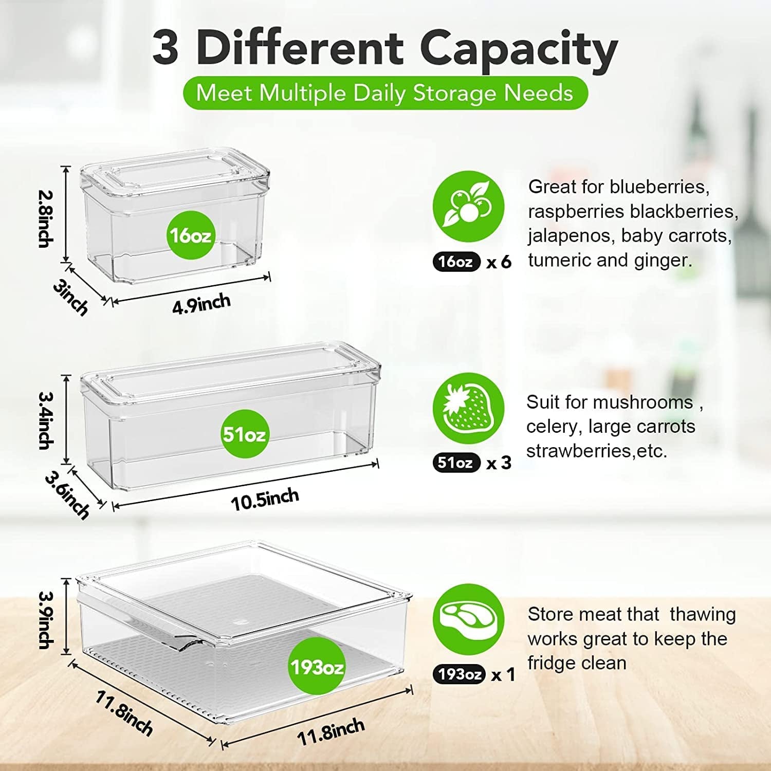 10 Pack Fridge Organizer, Stackable Refrigerator Organizer Bins with Lids, Large Size Plastic Food Storage Containers for Fruit & Vegetable Storage, Kitchen Storage & Organization