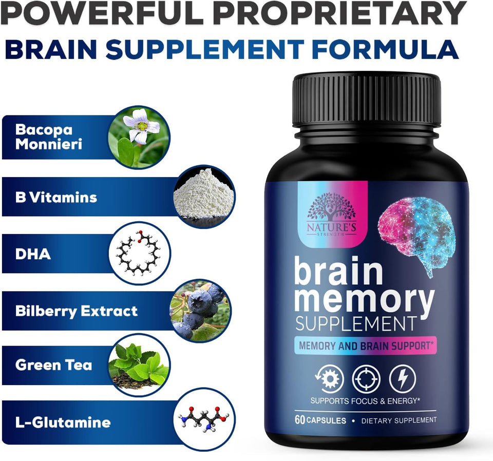 Brain Supplement to Support Focus - DMAE Brain Booster Supplement for Brain Support with Bacopa Monnieri and B Vitamins for Concentration Support Energy Support and Memory Support - 60 Capsules