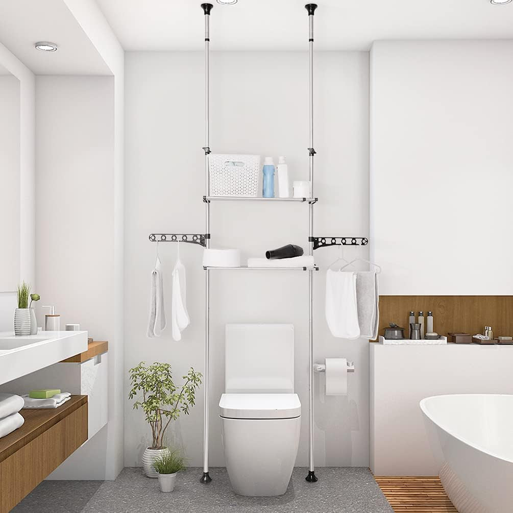2-Layer Expandable Laundry Shelf over Washing Machine Storage Rack Tension Pole Space Saver Bathroom Organizer with Towels Clothes Hanger Hook