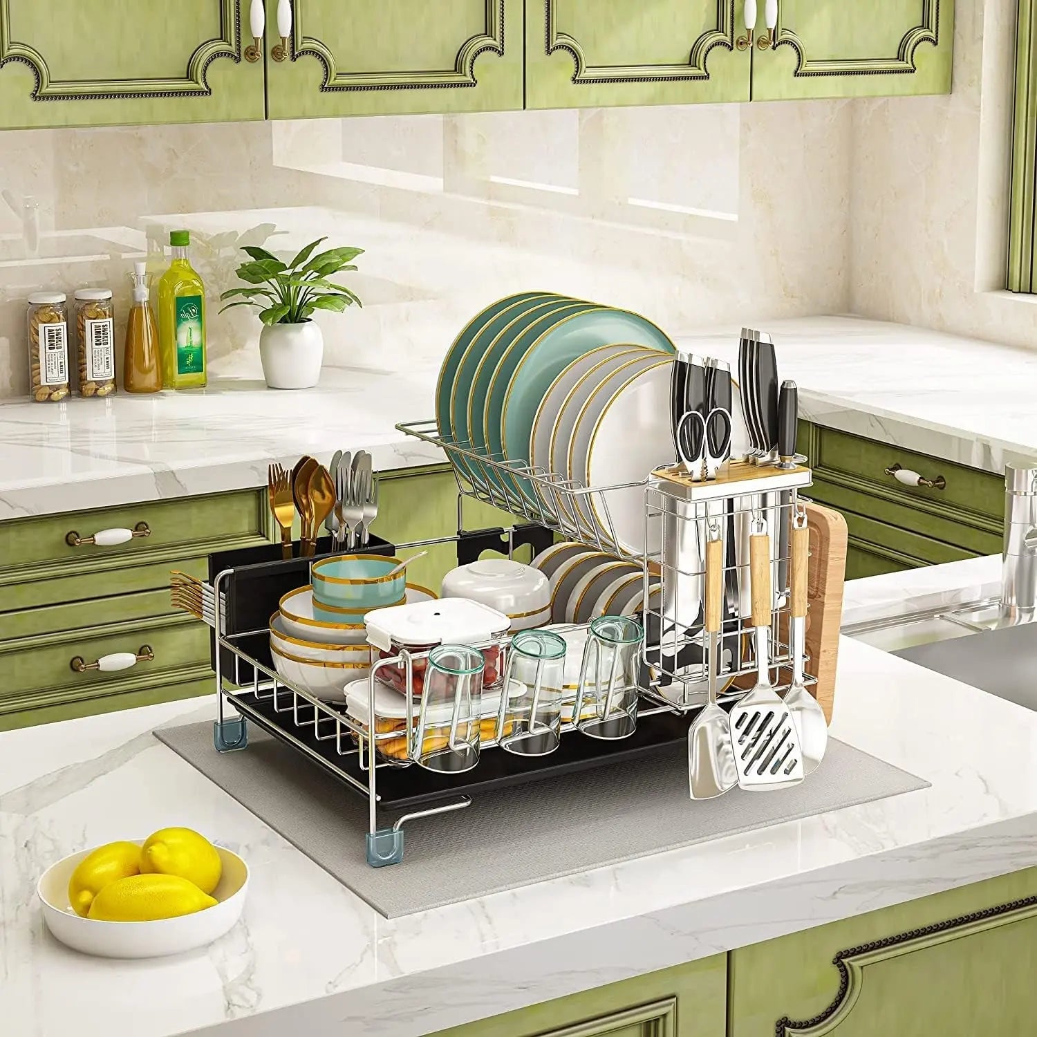 2-Tier Stainless Steel Dish Drying Rack with Draining Board - Detachable Rustproof Cutlery Rack with Utensil Holders, Knife Holder, Cup Holder for Kitchen Storage & Organisation