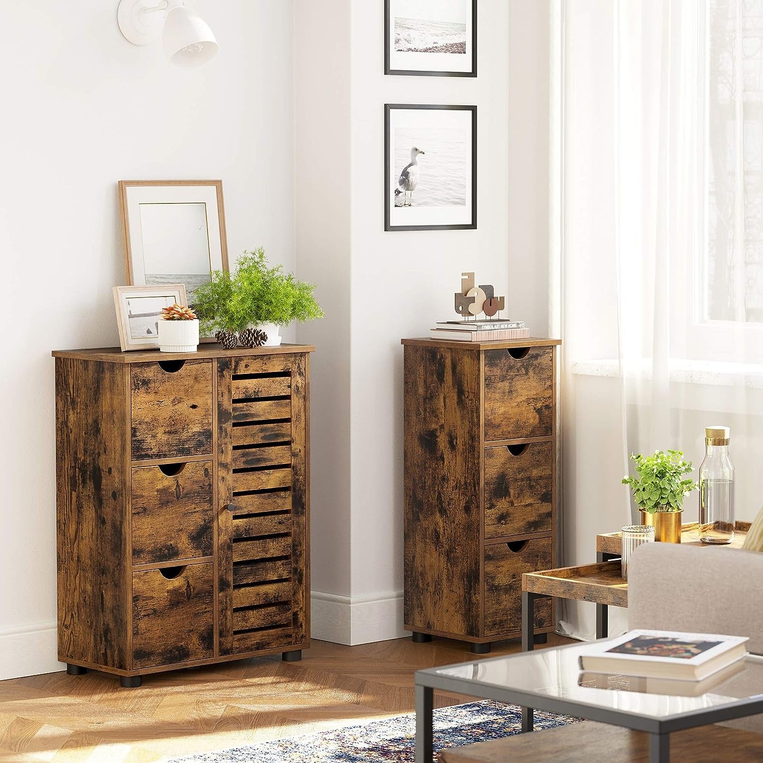 Bathroom Floor Cabinet, Slim Storage Unit 3 Drawers, 30 X 30 X 80 Cm, for Bathroom, Living Room, Bedroom, Kitchen, Rustic Brown BBK150X01