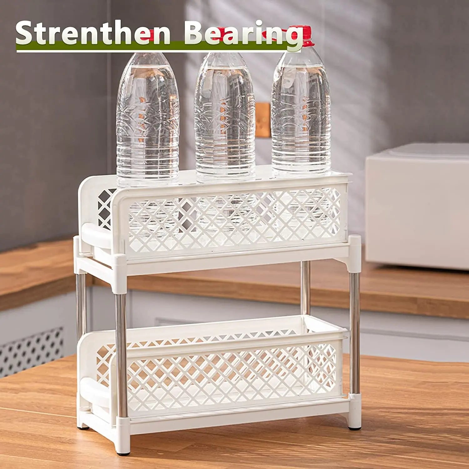 2 Tier Spice Rack Organizer with Sliding Drawer Organizer, under Sink Organizers and Storage Rack Pull Out Cabinet Basket Organizer for Bathroom Kitchen Bedroom, Beige