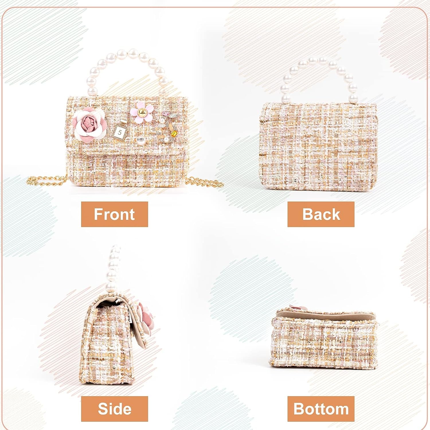 Little Girls Princess Purses Cute Crown Crossbody Bag Handbag with Pearl Handle for Kids Toddler