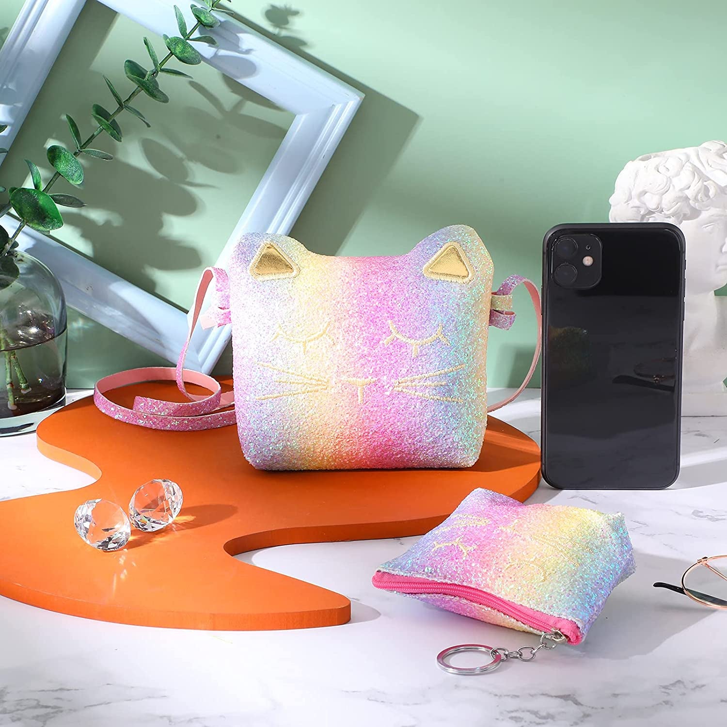 3 Pcs Cat Shoulder Bag Set, Cute Hand Bags Handbag with Mini Coin Purse Cat Headband for Christmas Girl Birthday, Glitter Rainbow Color