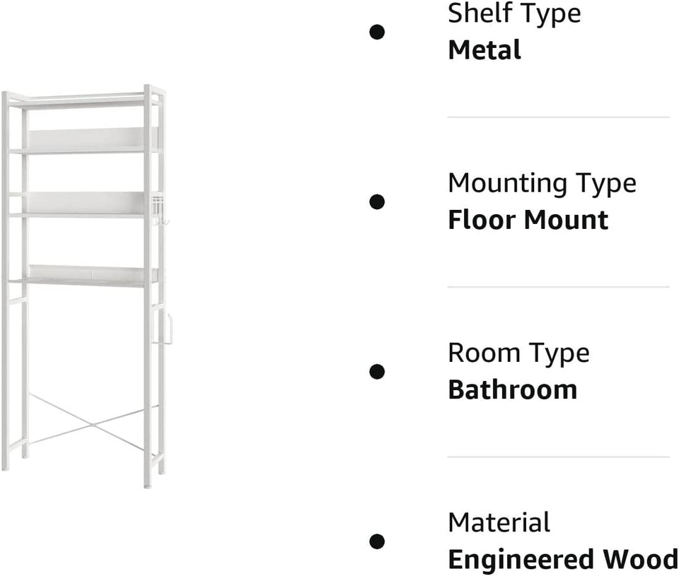 over the Toilet Storage, 4-Tier Wooden Bathroom Space Saver with Hooks, Freestanding Bathroom Organizer, Multifunctional over the Toilet Storage Rack, Bathroom Toilet Rack, White