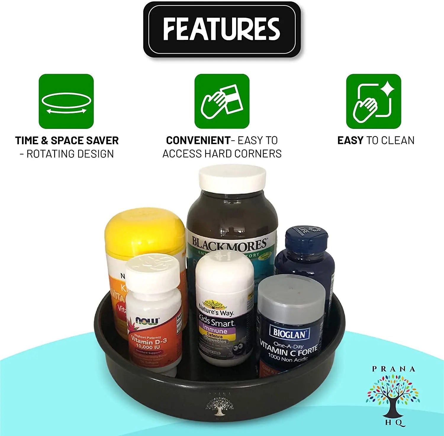 Lazy Susan Turntable -Kitchen Storage & Organisation -Rotating Organiser Shelf for Pantry Spice Jars, Countertop Condiments, Fridge Sauces-10" Stainless Steel Black Tray-Australian Company