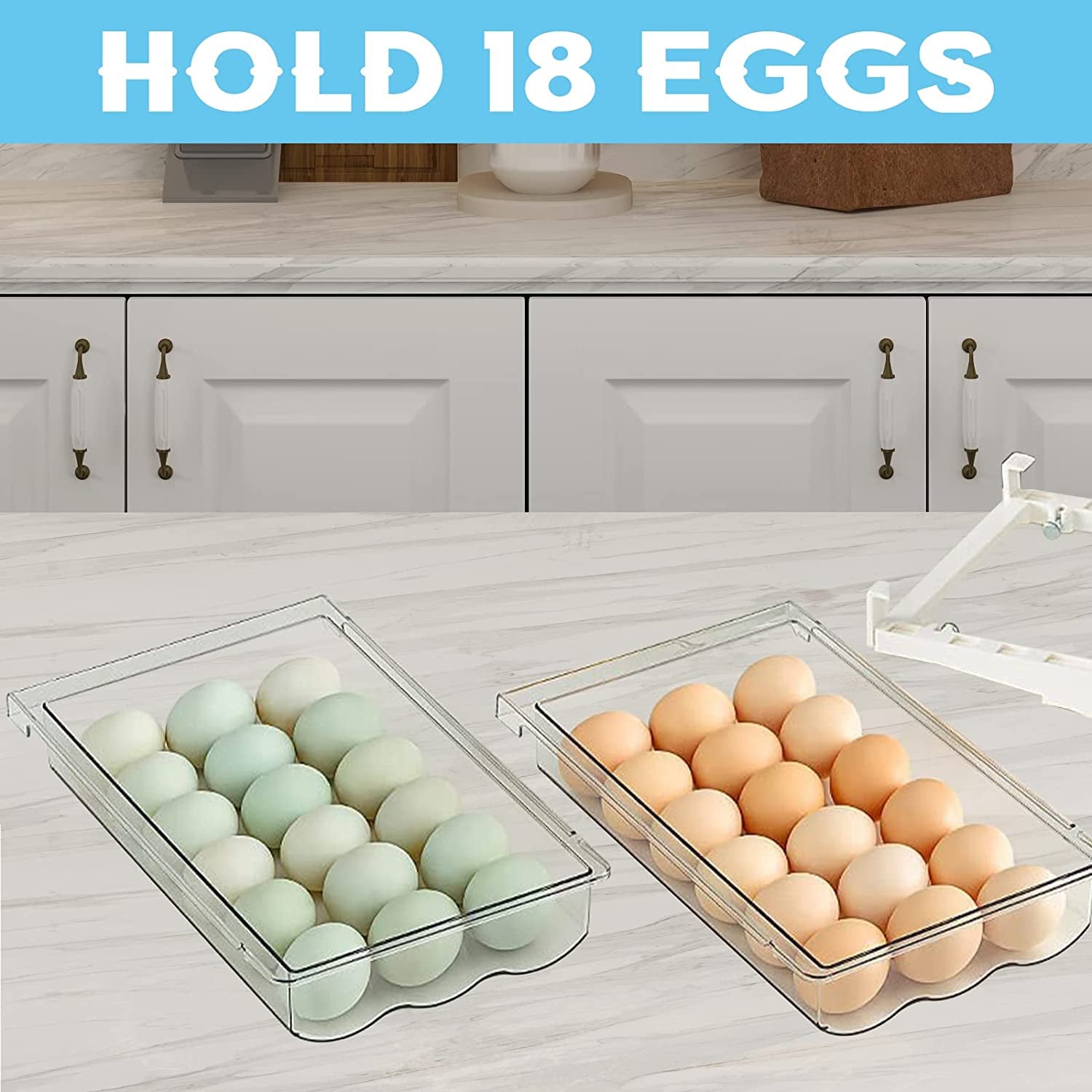 Egg Holder for Refrigerator with Handle, Automatic Rolling Egg Storage Container for Refrigerator Clear Plastic Egg Drawer for Refrigerator Pull Out Egg Tray for Fridge Shelf