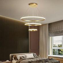 Load image into Gallery viewer, LED Modern Chandeliers Adjustable 3 Colors Dimmable Ceiling Lighting Fixture 3 White Rings Hanging Led Modern Pendant Light for Bedroom Living Dining Room Kitchen Foyer (Gold, 20+40+60Cm)
