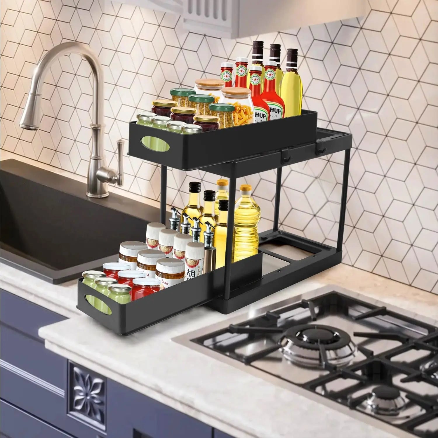 2-Tier Kitchen Spice Oil Rack ,Double Sliding Pull Out Spice Rack,Pull Out Oil Rack with 4 Hanging Hooks, Black